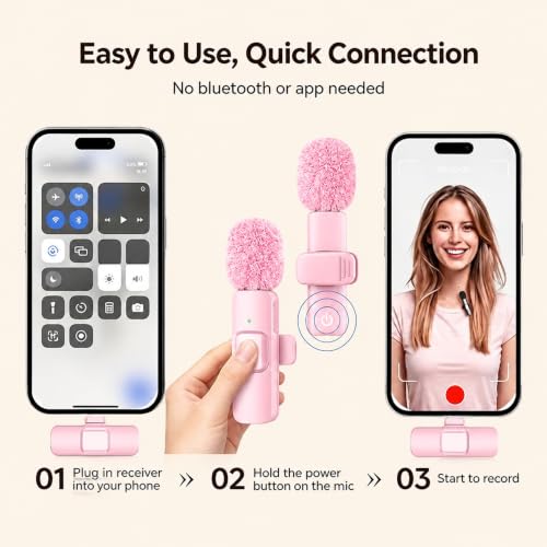 Image of Wireless Lavalier Microphone for iPhone Android, 2Pcs Pink Mic, Plug & Play