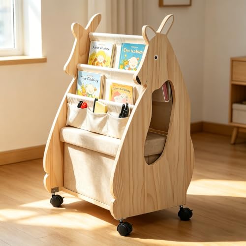 JOYWAFT Montessori Kids Bookshelf, Double Sided Book Shelf with Safe Wheels, Large Storage Drawer & Thick Solid Pine Wood, Nursery Book Shelves for Kids Rooms, Kids Bookshelf and Toy Storage