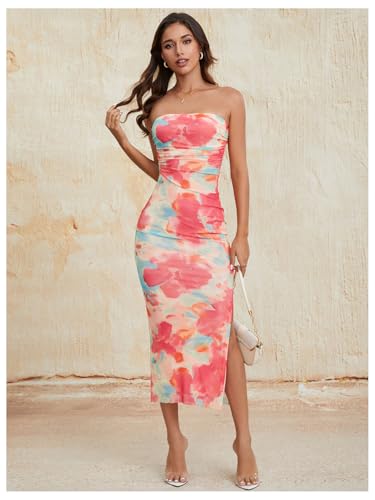 Image of Milumia Women's 2026 Summer Floral Strapeless Tube Top Dresses Side Slit Wedding Guest Bodycon Maxi Dress