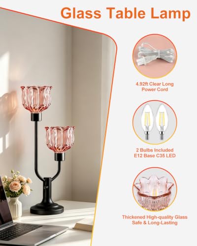 Image of Lightdot Mid Century Modern Table Lamp Dimmable Vintage Black Flower Lamp | Lotus Pink Glass Desk Lamp 2 Bulbs Included Warmwhite Ambient Nightstand Bedside Lamp for Living Room Bedroom Home Decor Gift