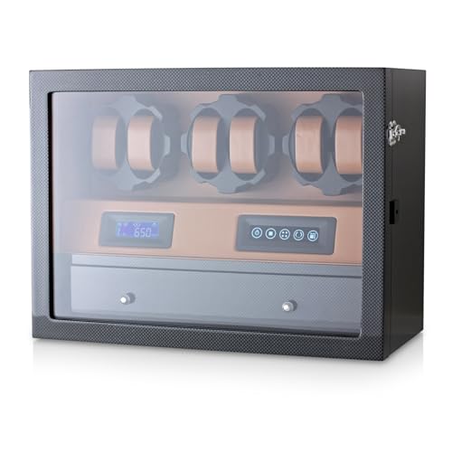 Automatic Watch Winder with 6 Storage Slots, LED Light and Automatic Motor-Stop Option (Carbon + Black)