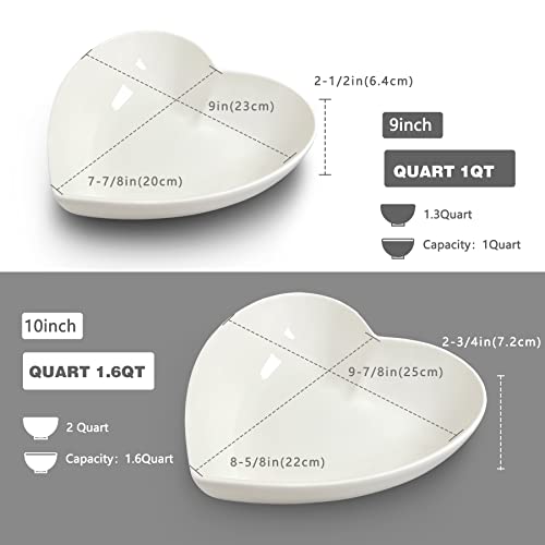 Keponbee 2Pcs Large Heart Shaped Bowls Set Porcelain Heart Shaped Dish White Deep Salad Bowl For Fruit/Pasta/Desserts/Baking Heart Cake Or Romantic Dinner, 9"+10" #TOP1