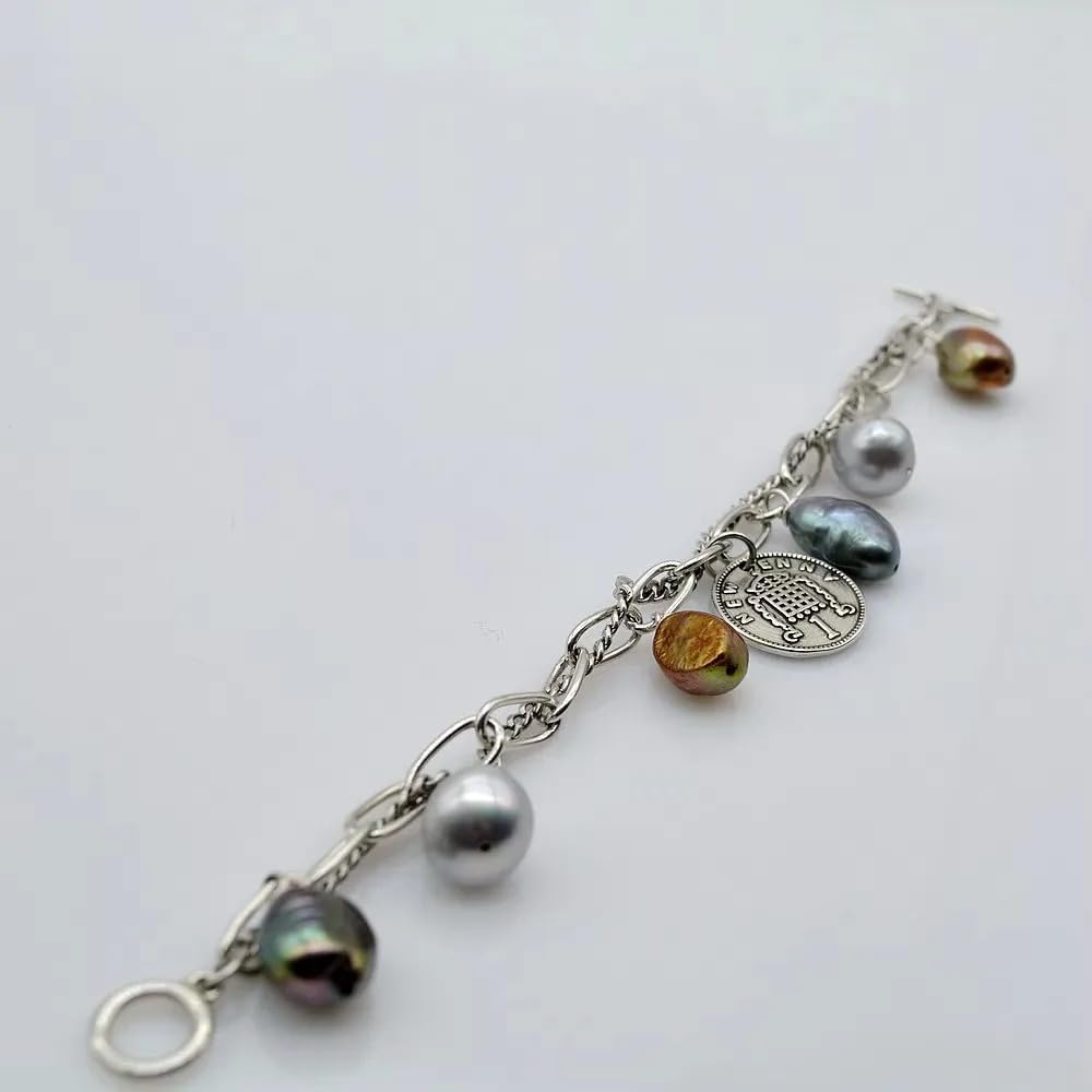 Vintage Style Freshwater Pearl Charm Bracelet, Silver Chain with Baroque Pearls, Multi-Color Natural Pearls, Queen Coin Pendant