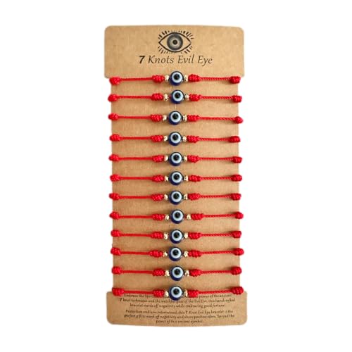 Image of BONITTER Evil Eye Protection Bracelet Set, 12 Pack Adjustable Red 7 Knot Lucky String Amulets, Black and Pink Friendship Bracelets for Women, Men, Boys, Girls (12, Red)