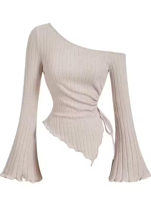 Women’s Apricot Drawstring Bell Sleeve Top – Polyester for_Casual Wear_54-picture-11