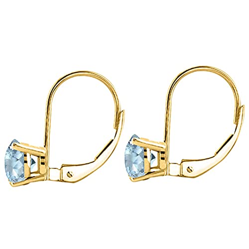 Aonejewelry Aquamarine Gemstone Leverback Earring For Women| 14K Yellow Gold 7Mm 1.90 Carat 2 Stone Round Cut Prong Setting Genuine Diamond Wedding Jewelry Collection #TOP2