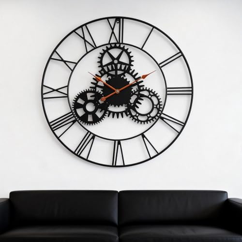 AMAATE Steampunk Wall Clock 32 Inch, Industrial Metal Gears with Roman Numerals, Retro Distressed Finish Mechanical Art for Bar, Living Room, Cafe Decor