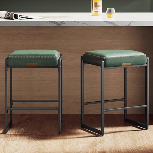 Image of VASAGLE EKHO Collection - Bar Stools Set of 2, Counter Height Bar Stools, Synthetic Leather with Stitching, Mid-Century Modern Counter Stools, 26-Inch Tall, Home Bar, Forest Green ULBC086C01V1