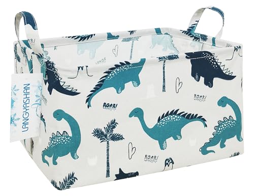 Image of Rectangular Collapsible Storage Basket Nursery Organizer Green Dinosaur | Storage Bin Foldable Canvas with Handles for Organizing Home Kitchen Children Toys Office Closet Shelf Baskets