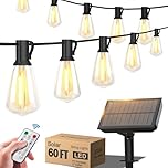 Stright 60FT Solar String Lights Outdoor Weatherproof with Remote, Solar Powered LED Edison Bulb 15 Sockets Outdoor String Lights for Outside Patio Backyard Fence Halloween Christmas Decorations