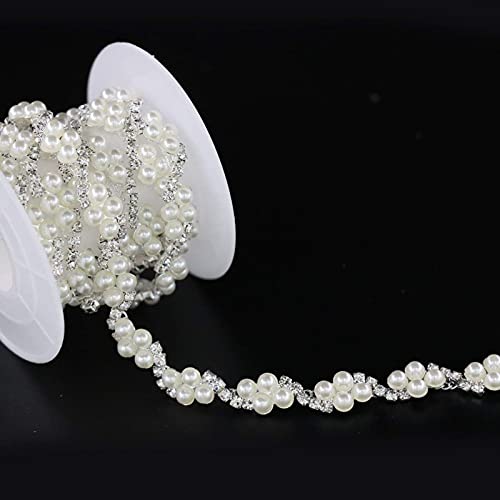 image for Jerler 1 Yard Pearl Rhinestone Trim, Inlaid Pearl Beaded Chain, Crysta