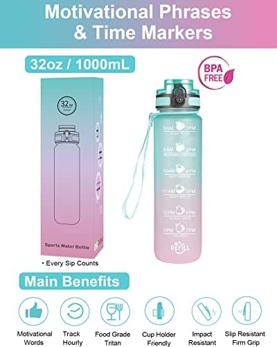 Water Bottle 1 Liter, BPA Free Tritan Water Bottles with Time Markings & Quotes, Mmotivational Sports Drinks Bottle - 100% Leakproof, Fast Flow & Flip Top, Stylish Strap for Gym, School, Running