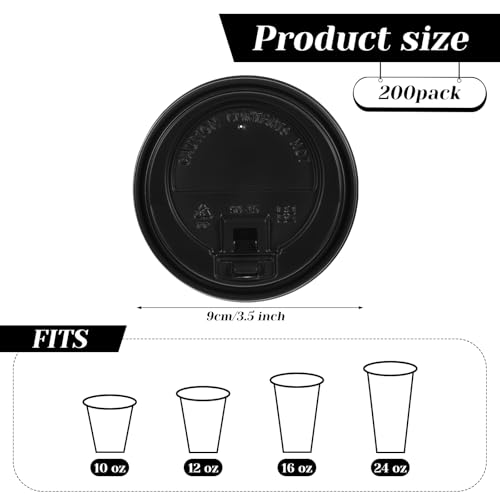 200 Pack Coffee Cup Lids, Disposable Plastic Coffee Cups with Lids for 10/12/16/20 Oz Paper Cups, Hot/Cold Drinking Cup Covers 3.54 Inches/90 Mm Diameter Black