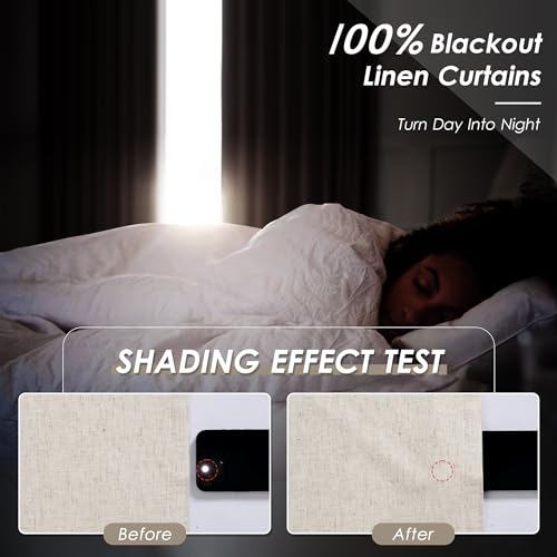 Image of White 100% Blackout Linen Curtains for Bedroom 126 Inches Long Back Tab Thermal Insulated Country Farmhouse Decor Black Out Curtain for Living Room Floor to Ceiling High Window 52x126,2 Panels