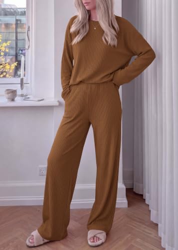 KIRUNDO Fall Ribbed Knit 2 Piece Lounge Set Women(Caramel, XX-Large) — view 2