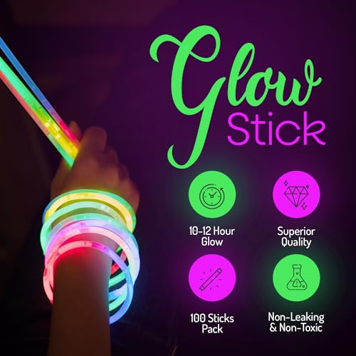 Premium Christmas Party Glow Sticks for Kids- 100 Pc Glow in the Dark Sticks with Connectors- 8 inch Glow Sticks Bulk Pack- Glow Neon Bracelets- Ultra Bright Party Supplies- Christmas Party - 100 Pack - Image 2