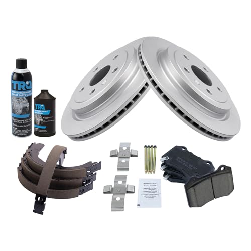 Image of TRQ Rear Brake Pad & Rotor Kit, with Chemical Kit Parking Brake Shoe Set Ceramic Premium G-Coated Compatible with 2009-2014 Cadillac CTS