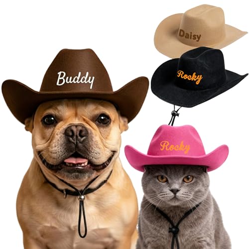 DUCKBE Personalized Cowboy Hats for Dog Cat Custom Pet Name Cowboys Cap for Small Medium Large Boys Girls Dogs XS-4XL Cowboy Costumes for Pet Birthday Halloween Party Costumes