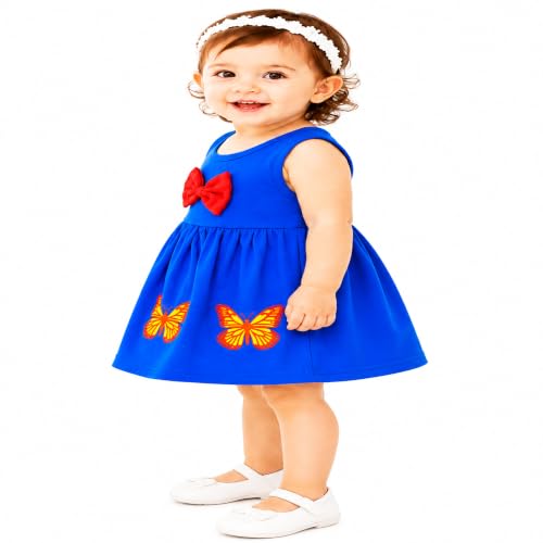 Image of Baby Girls Cotton Sleeveless Butterfly Print A-Line Frock Dress with Bow.