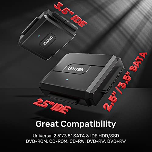 Unitek SATA/IDE to USB 3.0 Adapter, Hard Drive Adapter for Universal 2.5"/3.5" Inch IDE and SATA External HDD/SSD with 12V 2A Power Adapter, Support 24TB by Unitek - Image 5