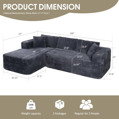 Image of Cloud Sectional Boneless Couches for Living Room,Modular Sectional Sofa with 2 Cup Holders,Memory Foam Cloud Couch with L Shaped Oversized Chaise,No Assembly Needed Plush Corduroy Sofa,Dark Gray