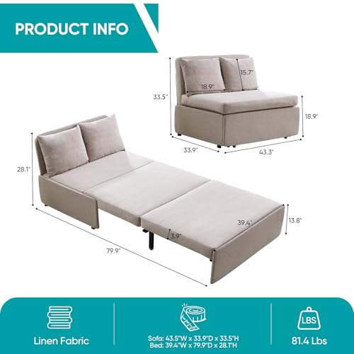 Image of BALUS 43 inch W Twin Pull Out Sofa Bed Sleeper Couch with Pullout Beds, Convertible 2 in 1 Linen Sleepers Sofas Armless Chair with Pillows and Foldable Mattress for Small Space Apartment Loft, Beige