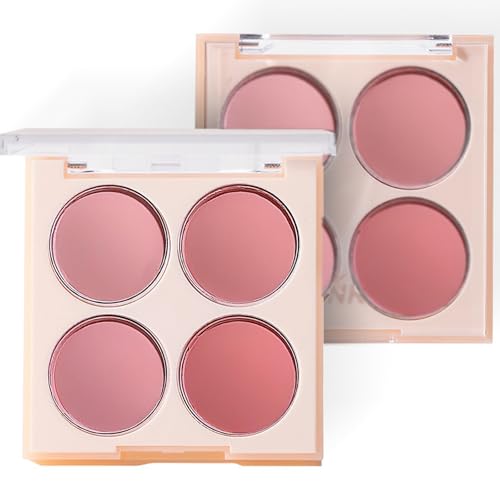 Blushers for Cheeks Make Up, 4-In-1 Pink Blush Palette, Matte Powder Blush, Natural Peach Highly Pigmented Long-Lasting Blendable Blusher Palette for Women, Suitable for All Skin Tones