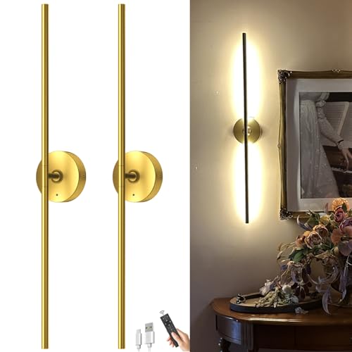 Battery Operated Wall Sconce Set of Two: Gold Wireless Rechargeable Wall Light with 10000mAh Detachable Battery and Remote 360 Rotatable Scone Wall Decor for Bedroom Hallway Bathroom 31.5inch