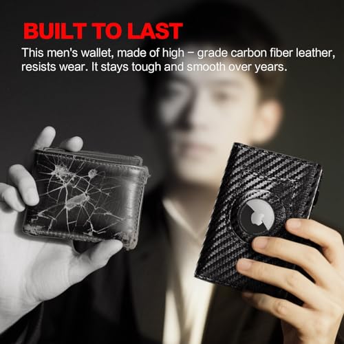 Image of Wallet for Men Minimalist Compact Pop Up Credit Card Holder, Front Pocket Smart RFID Blocking Mens Slim Wallet,Ultra Thin Trifold Mens Leather Wallets Metal (Black-Carbon Fiber 13 Card Capacity)