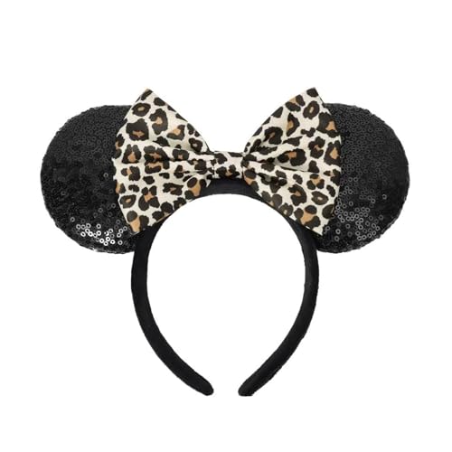 ASHONE Mouse Ears Headbands for Women Groups Mouse Ears Shiny Bows for Birthday Themed Events Accessories Party(Leopard, One Size)