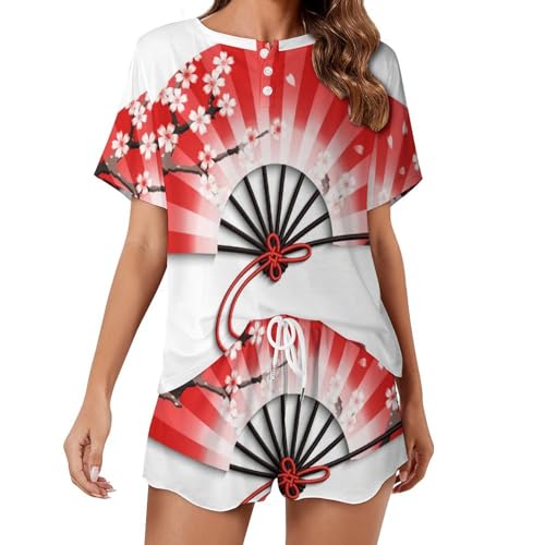Pyjama ensemble pour femme fluide à motif éventail de fleurs manches courtes
