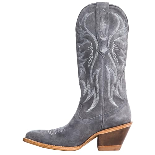 Womens Faux Suede Embroidered Cowboy Boots Pointed Toe Chunky Heel Cowboy Boots Pull On Womens Fashion Mid Calf Boots