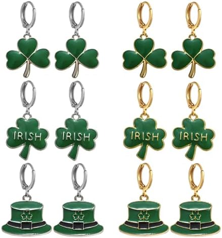 Dreuyet 6 Pairs St.Patrick's Day Huggie Hoop Earrings Shamrock Hoop Earrings Hats Earrings for Women Green Leaf Clover Earrings Irish Holiday Earrings St.Patrick's Day Earrings Jewelry Gifts (Hoop Earrings) image 2
