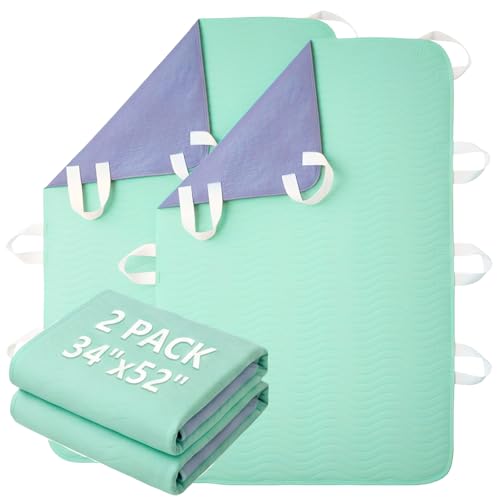 GOJVT Reusable Positioning Bed Pads for Elderly Adults with 8 Handles 2 Pack 34x52 -Absorbent Draw Sheet with Handles Washable Waterproof Incontinence Under Pads for Transferring Moving Pulling