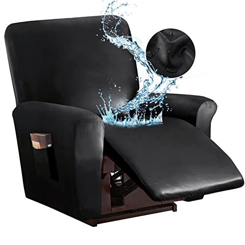 Housse de Fauteuil Relax Extensible 4 Pièces, Imperméables Cuir PU Housse de Chaise Inclinable avec Bas élastique, Amovible Protege de Meubles Lavable Couvre pour Canapé pour Salon(Color:Le noir) Cover