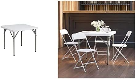 Flash Furniture 3-Foot Square Granite White Plastic Folding Table & Hercules™ Series Plastic Folding Chair - White - 4 Pack 650LB Weight Capacity Comfortable Event Chair-Lightweight Folding Chair