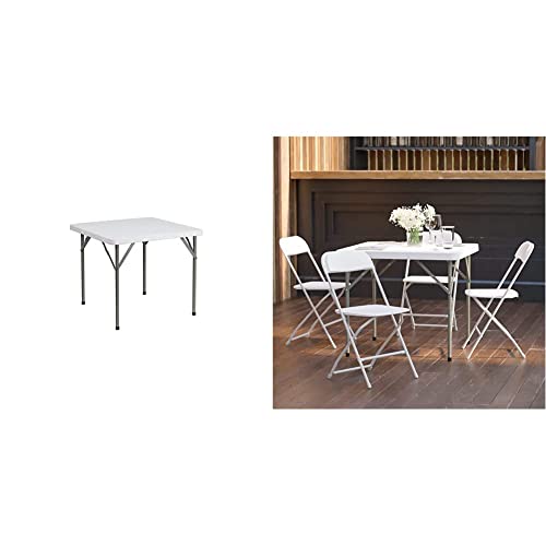 Flash Furniture 3-Foot Square Granite White Plastic Folding Table & Hercules™ Series Plastic Folding Chair - White - 4 Pack 650Lb Weight Capacity Comfortable Event Chair-Lightweight Folding Chair #TOP2