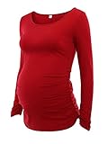 Jinson Women's Motherhood Maternity Tunic Tops Mama Clothes Flattering Side Ruching Long Sleeve Scoop Neck Pregnancy T-Shirt Red XL