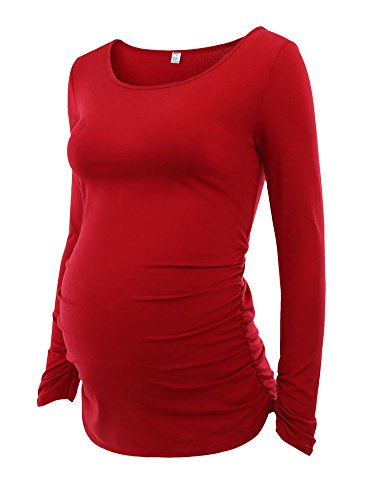 Ecavus Women's Maternity Tops Long Sleeve Clothes Flattering Side Ruched Pregnancy T-Shirt Z-red