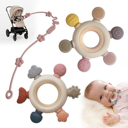 3er-Pack Beißringe für Babys von 0-6 6-12 Monaten, Zahnspielzeug mit Schnuller-Halterung, Baby-Kauspielzeug zum Saugen, BPA-frei