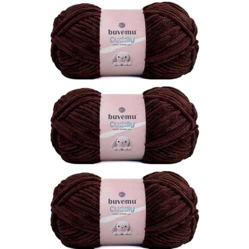 Image of Cuddly Velvet Chenille Yarn Super Soft Fluffy Bulky for Knitting Crocheting Blanket Amigurumi Durable for Shedding 100 Gram (3.53 Ounces) 109 Yards (100 Meters) (Coffee) (3 Skeins)