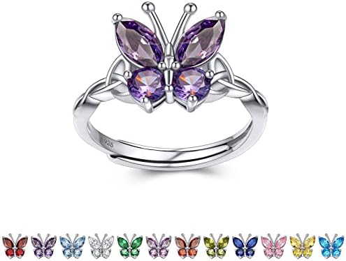 Bestyle 925 Sterling Silver Butterfly Rings Adjustable -February Birthstone Butterflies Amethyst Rings Open Band Ring Jewelry Gift for Women on Birthday Christmas Mother’s Day Valentines Day