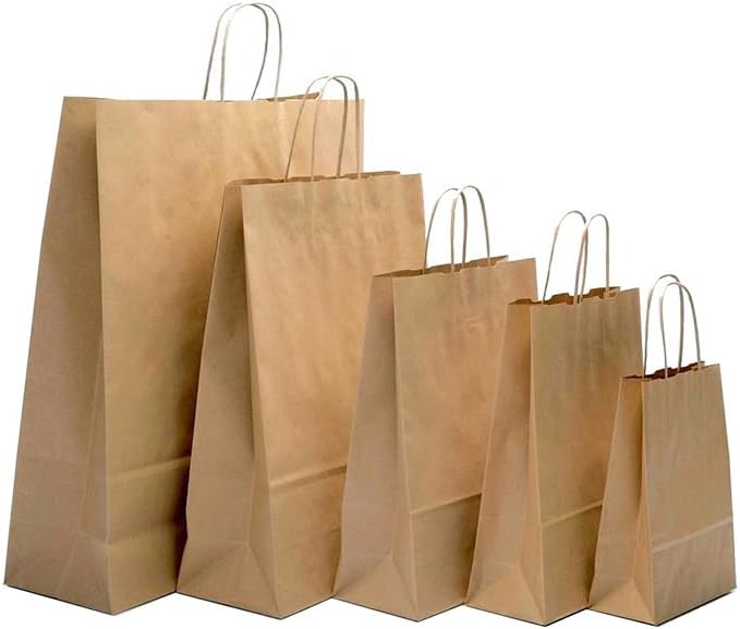 Bag Market | 50 x Brown Paper Carrier Bags with Twisted Handles - 100gsm | Gift/Shop/Party/Rope (Small (22 x 10 x 31cm))