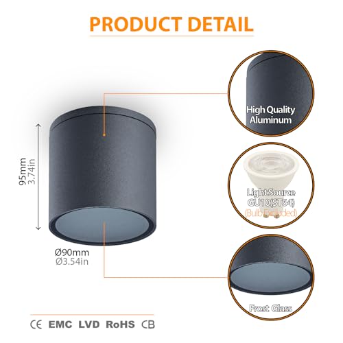 EBION Surface Mounted Downlight,IP54 Waterproof Outdoor Ceiling Light,GU10 Ceiling Spot Lights,Aluminum Round Ceiling Lighting Fixture for Bedroom,Living room,Bathroom,Hallway,Office,Anthracite,1 Pack - Image 2