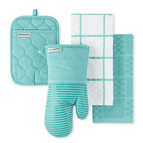 KITCHENAID Quilted Cotton Terry Cloth Oven Mitt, Pot Holder, Kitchen Towel 4-Pack Set, Heat Resistant, Silicone Grip, Gift Set, Aqua Sky, 16″x26″, 7″x13″ & 7″x10″