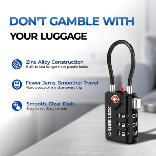 SURE LOCK TSA Approved Luggage Locks with Open Alert Indicator, 3 Digit Combination Cable Travel Lock for Suitcase, Backpack & Travel Bag, 2 Pack Black - Image 5