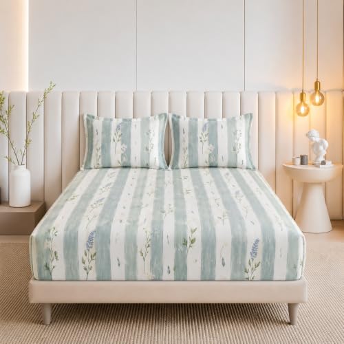 Image of Cotton Feel Glace Cotton Double Bed Fitted Bedsheet Set || Includes 1 Elastic Bedsheet King Size & 2 Pillow Covers (78 x 72 Inches, Eden)