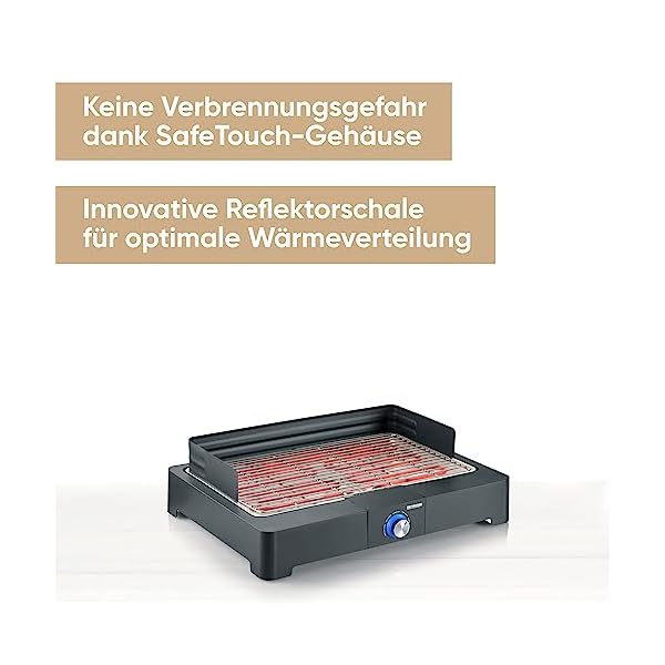 SEVERIN Tischgrill mit Edelstahl-Grillrost für drinnen und draußen, Elektrogrill mit schnellem Grill-Start, Balkon Grill ohne Verbrennungsgefahr, Schwarz, PG 8565 – Bild 3