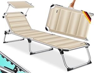 KESSER® Sonnenliege Sun mit Dach Gartenliege Liegestuhl klappbar Sonnendach Verstellbarer Rückenlehne, ergonomisch, gepolsterter Liegefläche, Aluminium Liege Gartenstuhl tragbar Strandliege, Beige