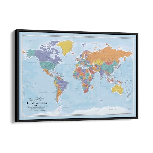 Image of Blue Oceans World Push Pin Map Canvas - Personalized Travel Gift - Framed Wall Decor - Black Float Frame - 30 inch x 45 inch